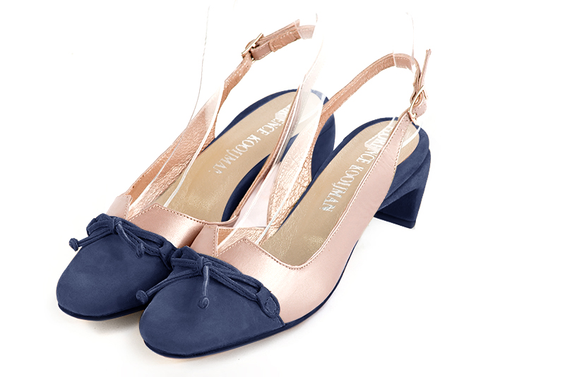 Prussian blue and powder pink women's open back shoes, with a knot. Round toe. Low comma heels. Front view - Florence KOOIJMAN